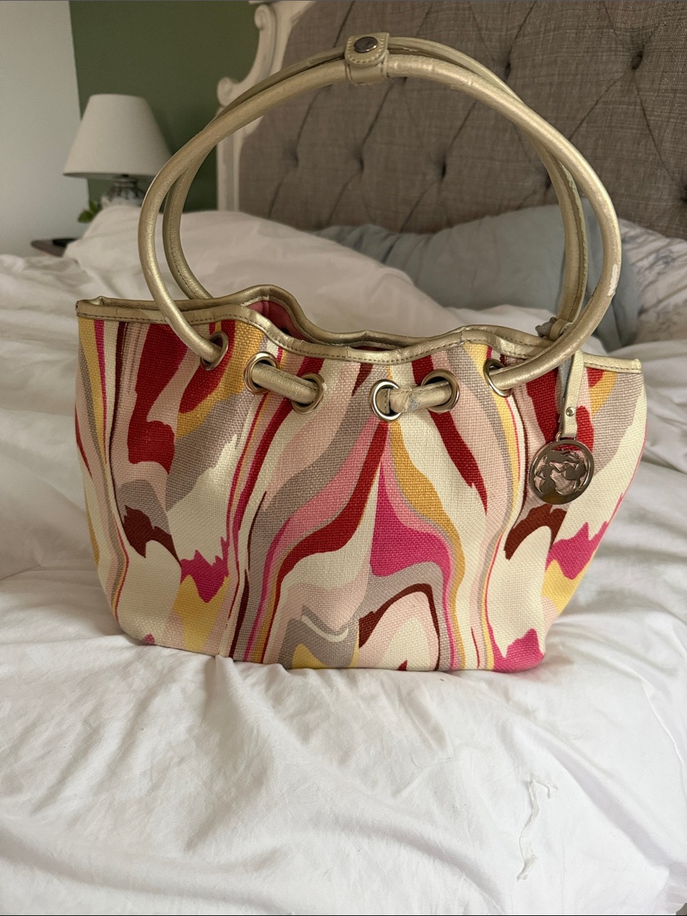 Spartina 449 Pink, Cream & Yellow Swirl Shoulder Tote with Gold Handles